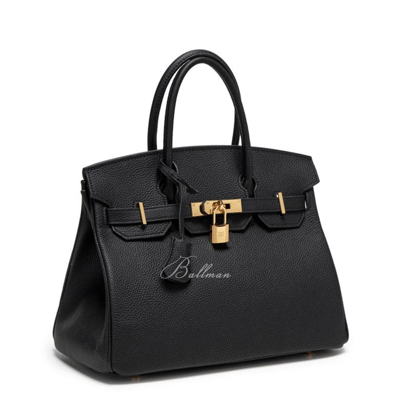Ballman BK001 black pebbled leather birkin style handbag, lock hardware top handle with detachable shoulder strap