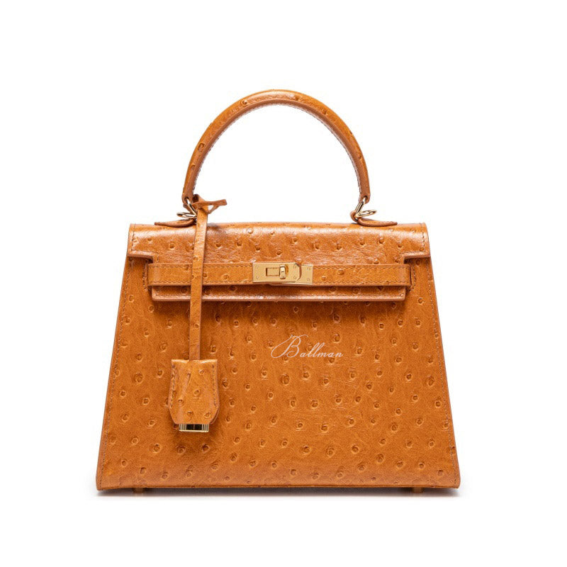 Ballman BK003 premium ostrich leather kelly style handbag, luxury ostrich skin with turn?lock hardware top handle women handbag