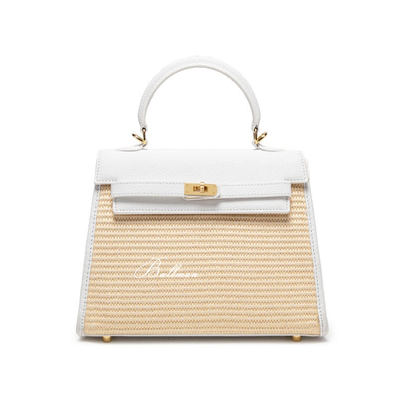 Ballman BK004 raffia spliced leather kelly style handbag, straw weave design with turn?lock hardware top handle women luxury handbag