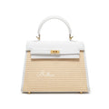 Ballman BK004 raffia spliced leather kelly style handbag, straw weave design with turn?lock hardware top handle women luxury handbag