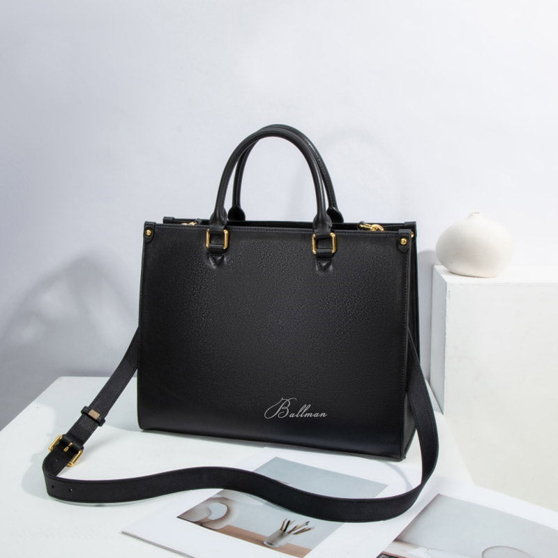Ballman H98016 black leather business tote bag, large capacity with top handle and detachable adjustable shoulder strap for office daily use