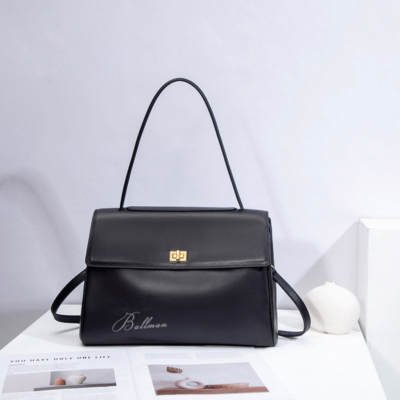 Ballman H98044 women shoulder bag of Italian imported genuine leather, gold turn lock hardware large capacity office handbag