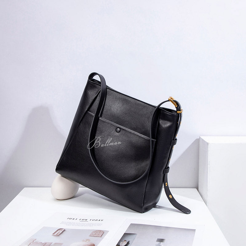Ballman H98048 women hobo tote bag of Italian imported full‑grain genuine leather, detachable small pouch multi‑pocket large capacity work shoulder bag