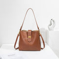 Ballman H98052 women bucket bag crafted from Italian imported full‑grain genuine leather, vintage gold turn‑lock closure, adjustable shoulder strap elegant daily work handbag