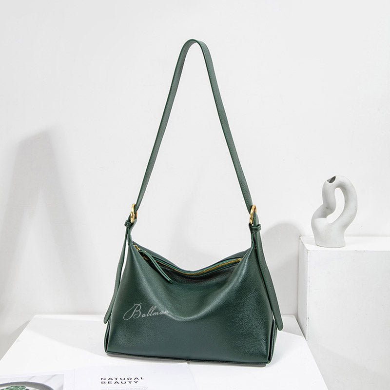 Ballman H98056 women hobo bag made of full-grain genuine leather, smooth soft texture, zipper closure, adjustable shoulder strap minimalist casual handbag