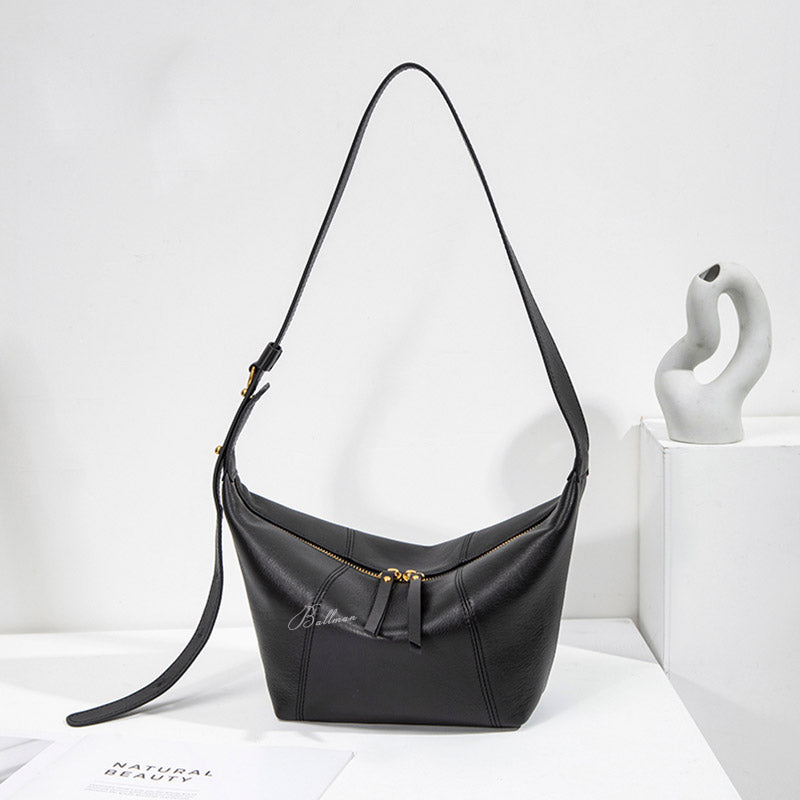 Ballman H98057 women hobo bag made of full-grain genuine leather, curved sling shape, dual zipper pulls, wide adjustable strap modern casual shoulder bag