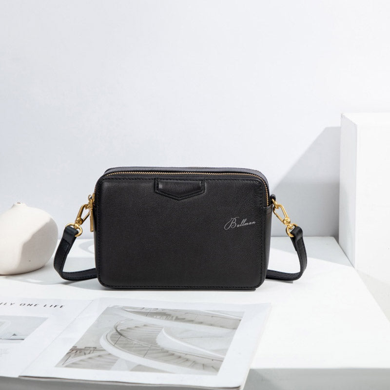 Ballman H98073 women crossbody camera bag made of full-grain genuine leather, double zipper compartments, adjustable thin strap compact everyday handbag