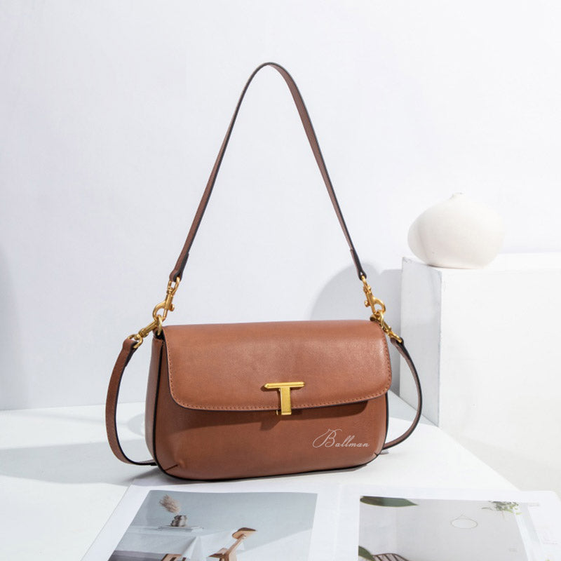 Ballman H98074 women shoulder bag made of full-grain genuine leather, T shape gold hardware, flap design, detachable dual straps retro casual handbag