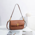 Ballman H98074 women shoulder bag made of full-grain genuine leather, T shape gold hardware, flap design, detachable dual straps retro casual handbag