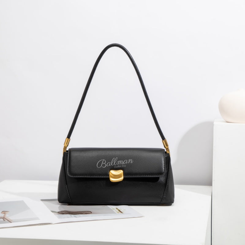 ballman H98081 genuine leather women flap shoulder bag retro gold turn?lock hardware slim underarm handbag