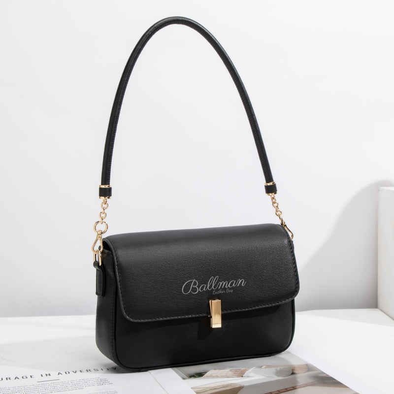 ballman H98083 genuine leather women flap shoulder bag with gold bar lock chain decorated strap underarm handbag