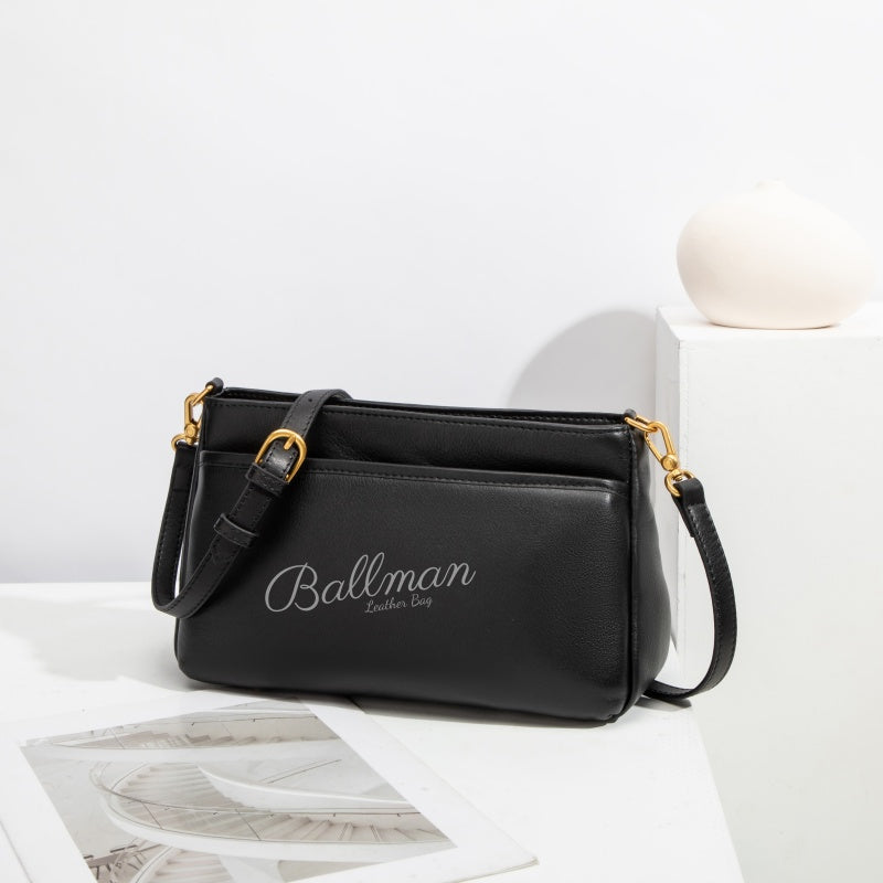 ballman H98085 genuine leather women shoulder crossbody bag with front external pocket gold hardware dual adjustable detachable straps