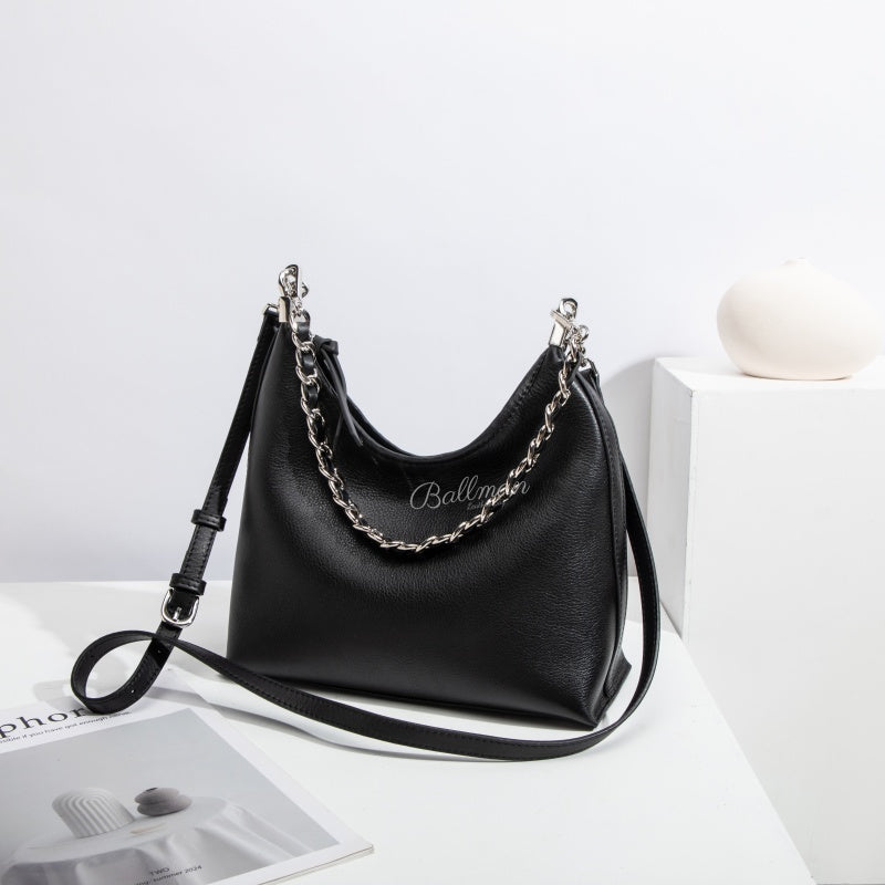 ballman H98086 genuine leather women hobo shoulder bag soft slouchy silhouette silver interwoven chain detachable crossbody strap