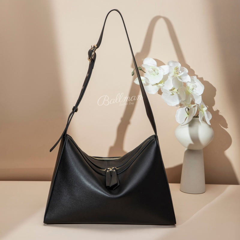 ballman H98089 genuine leather women large hobo shoulder bag gold zipper tassel adjustable wide strap big capacity for work daily use