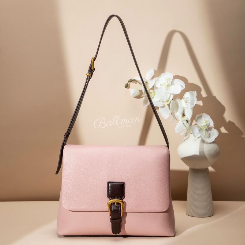 ballman H98091 genuine leather women flap shoulder bag two?tone color vintage gold buckle adjustable shoulder strap elegant office handbag
