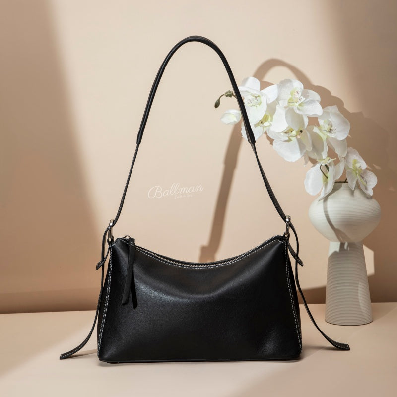 Ballman H98093 black leather shoulder bag with contrast stitching, large capacity adjustable strap women handbag