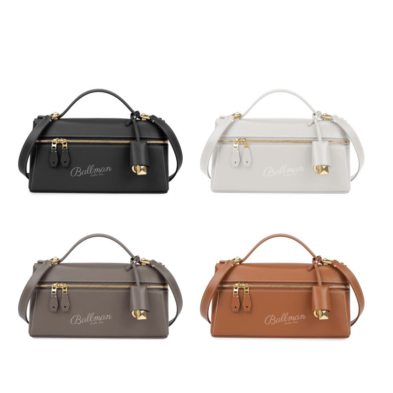 Ballman XK002 leather box handbag, double zipper lock decor with detachable shoulder strap women handbag