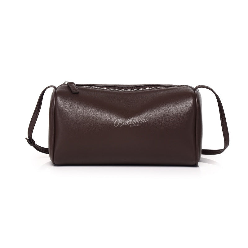 Ballman XK003 brown leather cylinder crossbody bag, slim zipper closure women shoulder handbag