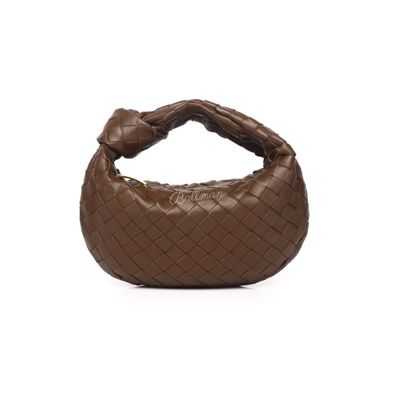 Ballman XK004 brown leather woven hobo bag, knotted handle soft open top women handbag
