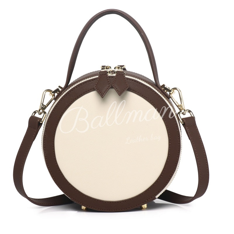 Ballman XK007 color?block leather round crossbody bag, top handle with detachable shoulder strap women circle handbag