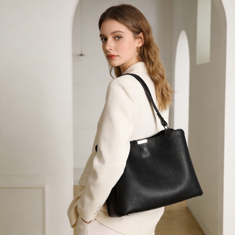 Genuine Leather Soft Hobo Tote Bag, Center Metal Lock Dual?Carry Removable Shoulder Straps For Daily Use 8108-46 | Custom Logo ODM OEM Wholesale