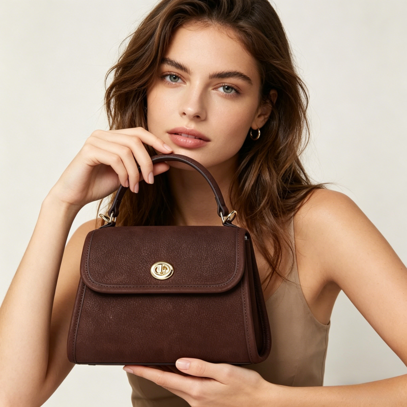Ballman 8108-47 Women Full Grain Leather Flap Handbag Turn Lock Top Handle Crossbody Shoulder Bag