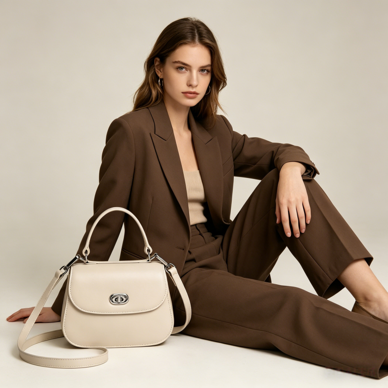 Genuine Leather Curved Saddle Handbag, Top Handle Rotating Turn?Lock Detachable Crossbody Strap For Daily Use 8108?36# | Custom Logo ODM OEM Wholesale